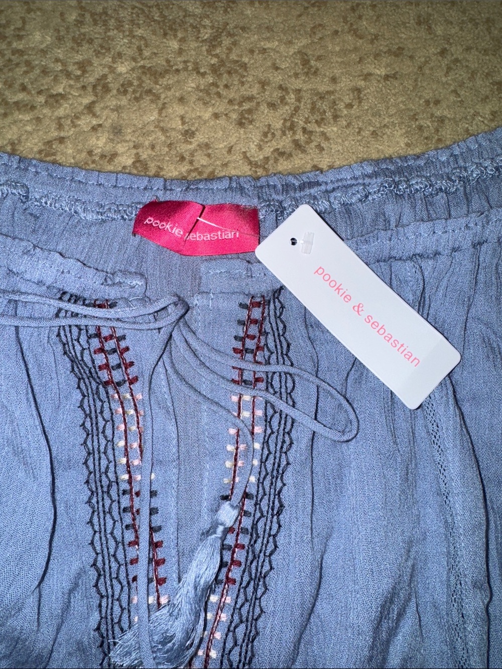 NWT Light Blue Pookie & Sebastian Off-Shoulder Peasant Top - Picture 2 of 5